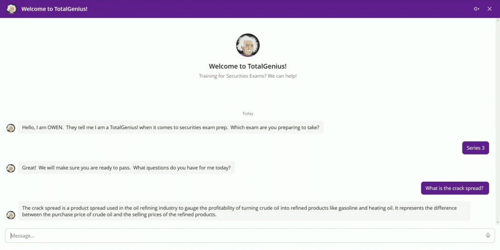 The Securities Institute of America TotalGenius! interface shows a conversation about securities exams, with a user asking about the crack spread and receiving a brief explanation related to the oil refining industry.