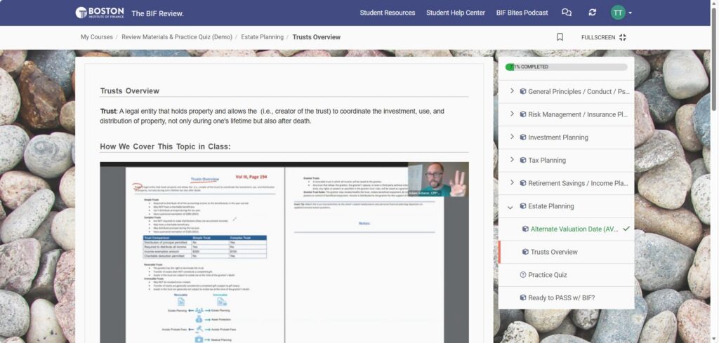 Screenshot of an online course page about trusts, showing a video lecture, a document, and a sidebar menu with lesson topics on the right.