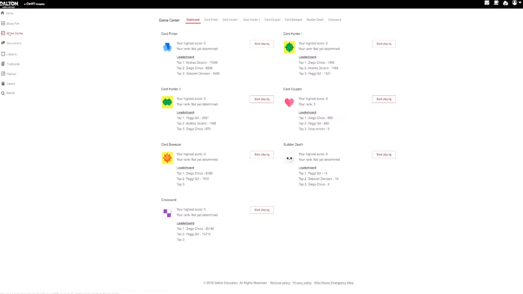 Screenshot of a Zearn student dashboard showing progress for six math assignments: Curriculum Napkin, Card Flower 1-4, Subitizing Stars, and Crosscat, each with completion details.