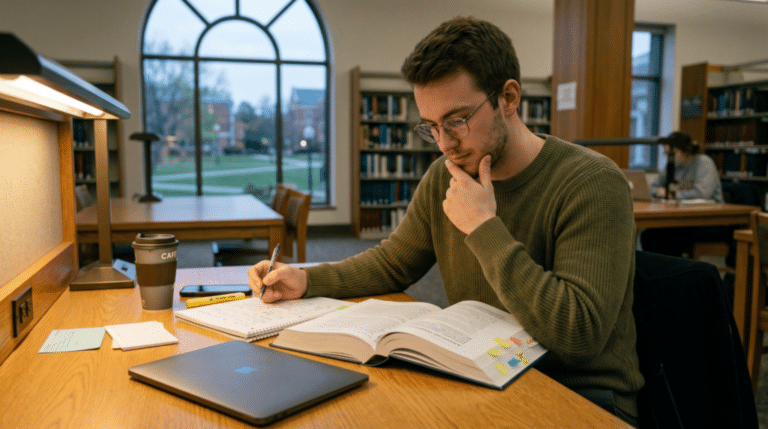 A person sits at a desk in a library, studying with open books, notes, a laptop, and a coffee cup, appearing focused and thoughtful.