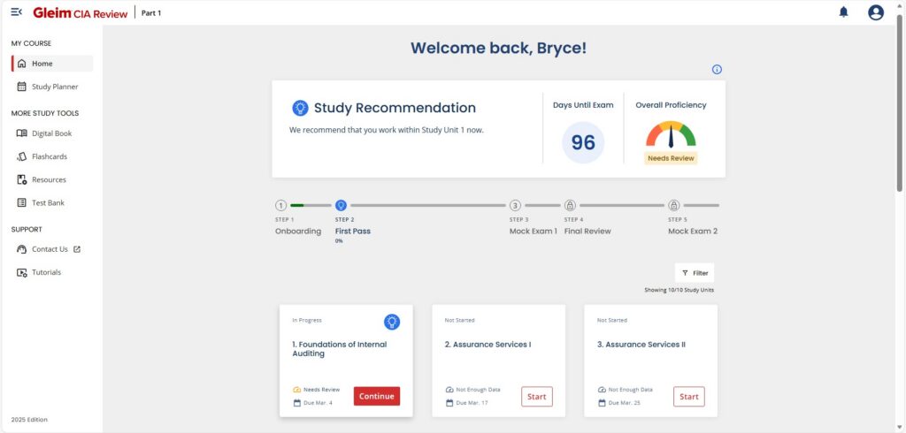 Screenshot of the Gleim CIA Review dashboard showing study recommendations, days until the exam, overall proficiency, and progress in various study modules.