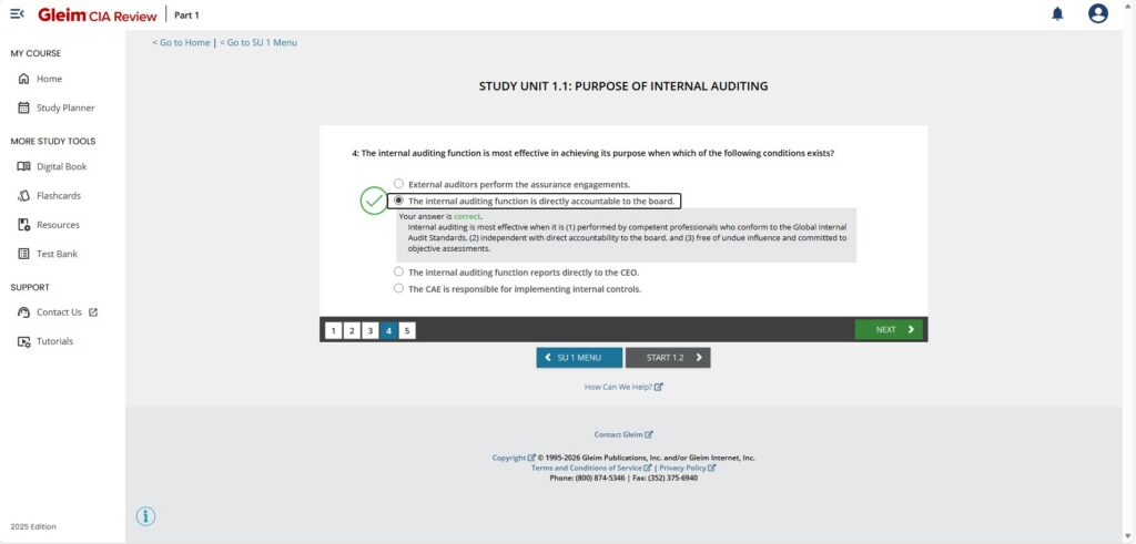 A multiple-choice question about internal auditing is displayed on a computer screen, with option B selected and marked correct.