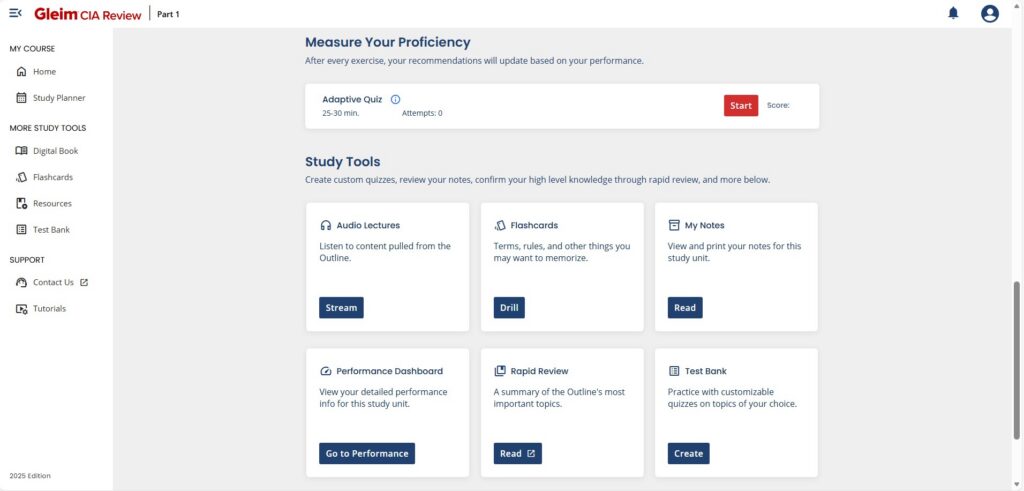 Screenshot of an online CA review platform dashboard showing options for quizzes, audio lectures, flashcards, notes, performance dashboard, rapid review, and test bank.
