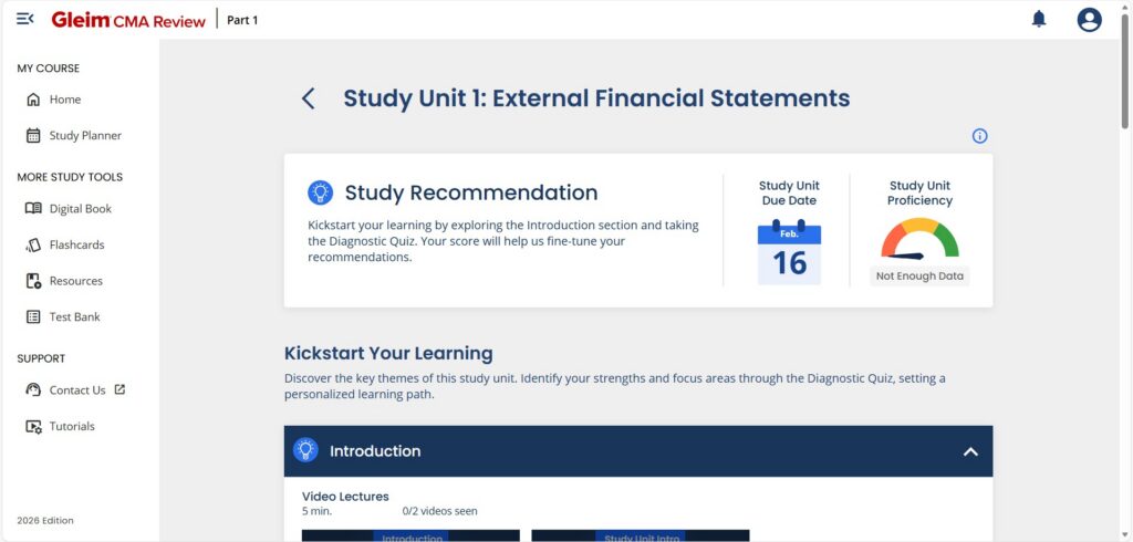 Screenshot of the Gleim CMA Review platform showing "Study Unit 1: External Financial Statements" with study recommendations and progress indicators.