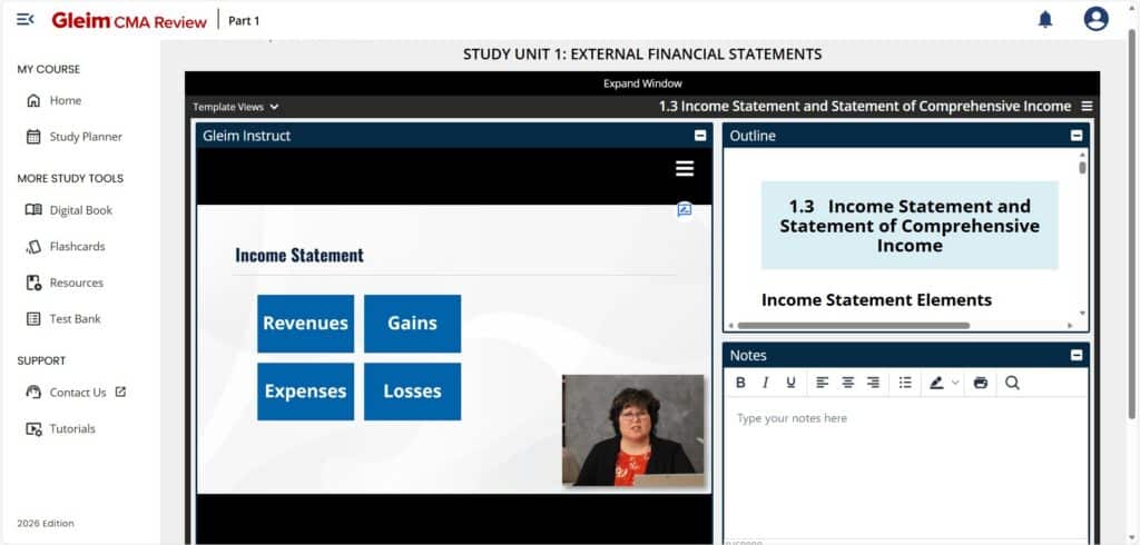 A screenshot of an online finance course shows a slide titled "Income Statement" with boxes labeled Revenues, Gains, Expenses, and Losses. A woman appears in a video window at the bottom.