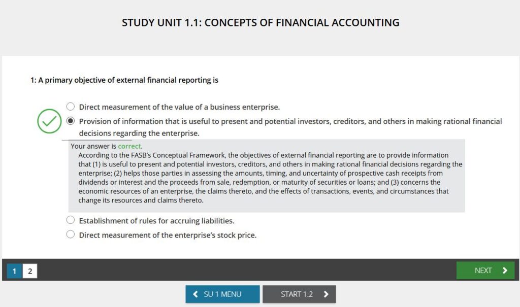 A multiple-choice question about the primary objective of financial reporting is shown, with the correct answer highlighted and a detailed explanation provided below.