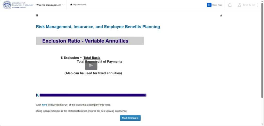 Screenshot of a course slide titled "Exclusion Ratio - Variable Annuities," showing the exclusion ratio formula and a note about downloading a PDF of the slide.