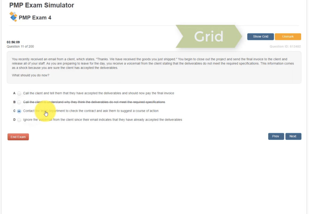 Screenshot of a PMP exam simulator question, ideal for Best PMP practice Exams or CAPM Exam Prep, asking what to do after a client accepts deliverables but notes specs were missed; four multiple-choice answers are shown.