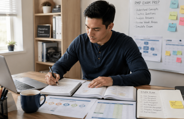 Man studying at a desk with open books, laptop, and notes; Best PMP practice exams, CAPM Exam Prep materials, and a whiteboard with study topics visible in the background.