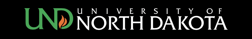 University of North Dakota logo with "UND" in green and a flame symbol, followed by the text "University of North Dakota" on a black background.