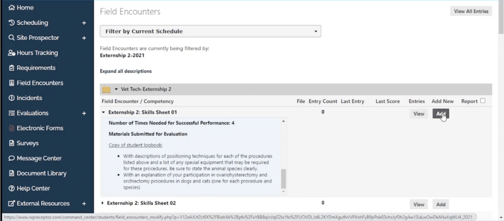 A web interface displays the "Field Encounters" section with a filter dropdown, encounter details, and an "Add" button for uploading a report.