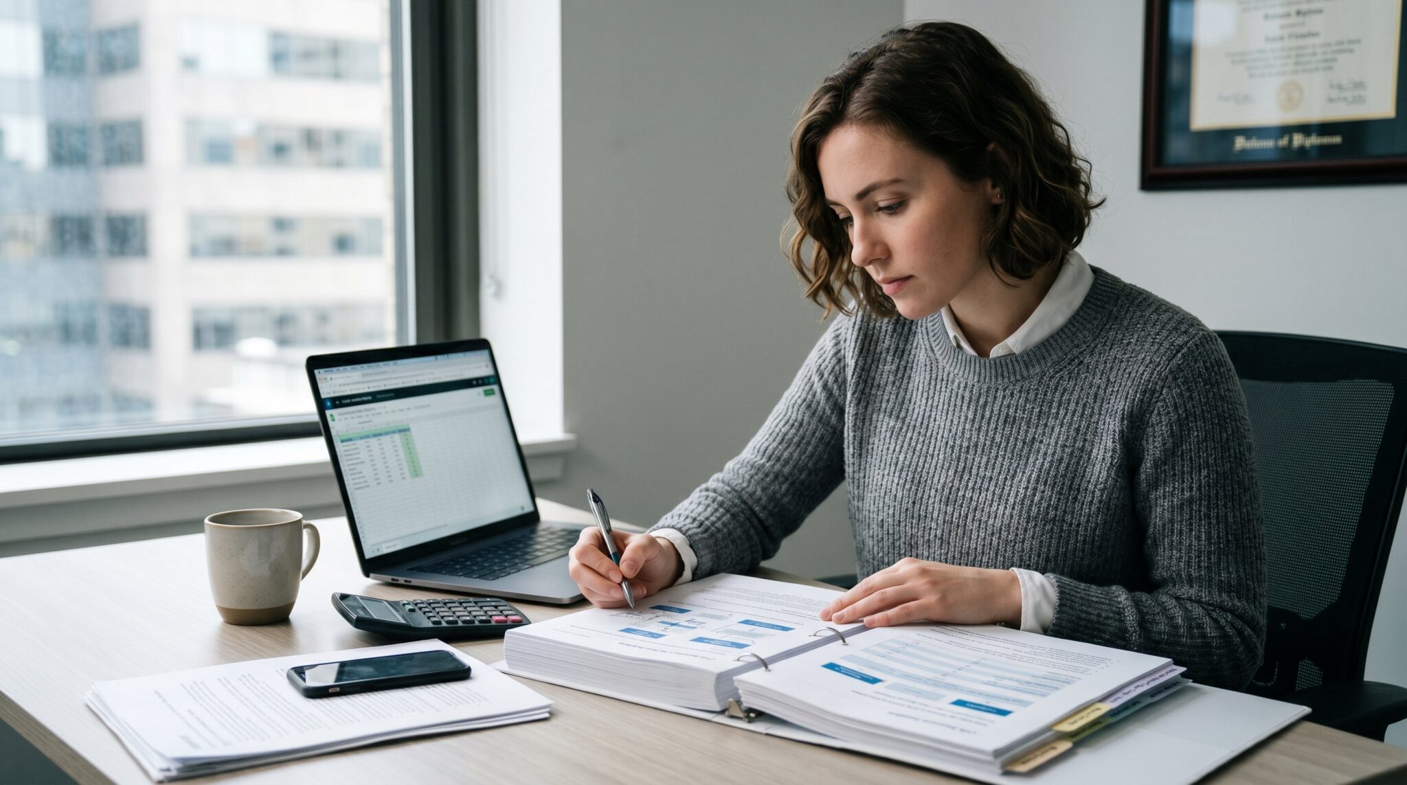 A woman researches CPA exam updates via the exam blueprint on her laptop.
