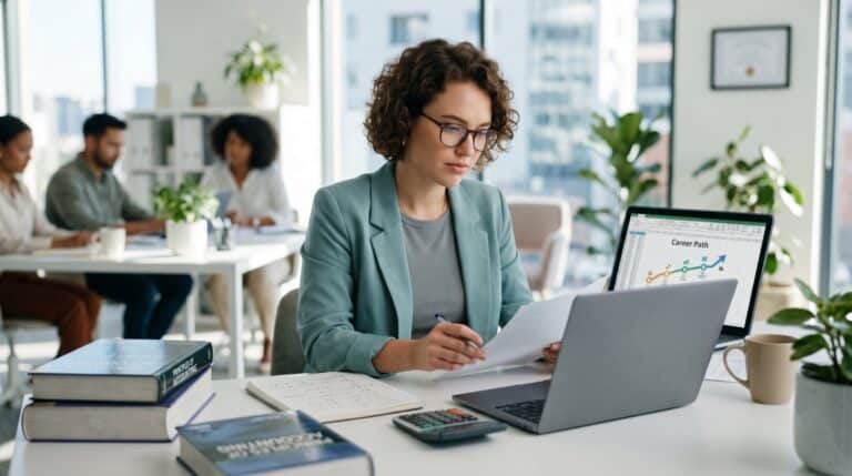 A woman in a blue blazer researches how to become a CPA.