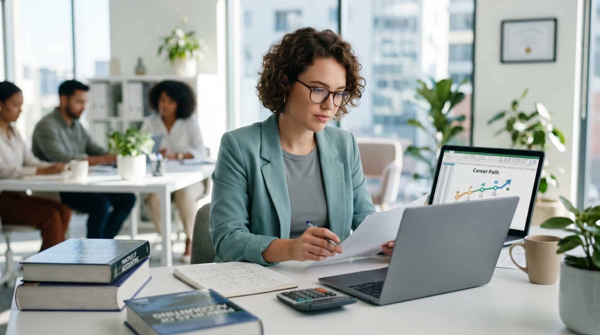 A woman in a blue blazer researches how to become a CPA.
