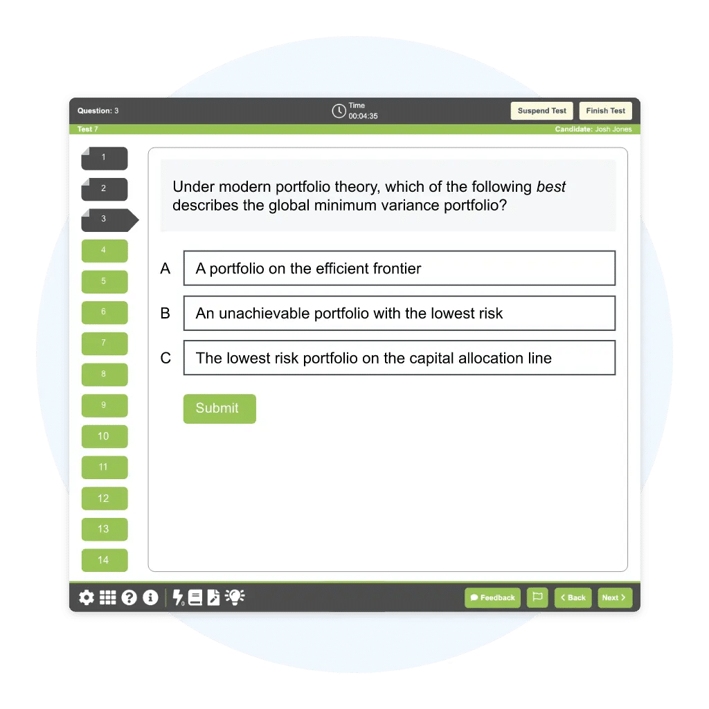 A computer screen displays a multiple-choice finance question about the global minimum variance portfolio, featuring three possible answers and a highlighted "Submit" button—perfect for those using the best CFA study materials for CFA exam prep.