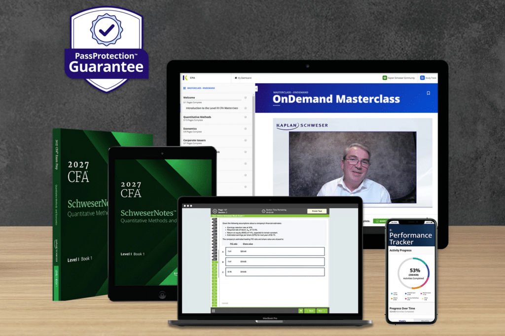 Various Kaplan Schweser best CFA study materials and digital devices displaying online CFA exam prep resources, notes, and a performance tracker, with a PassProtection Guarantee badge in the corner.