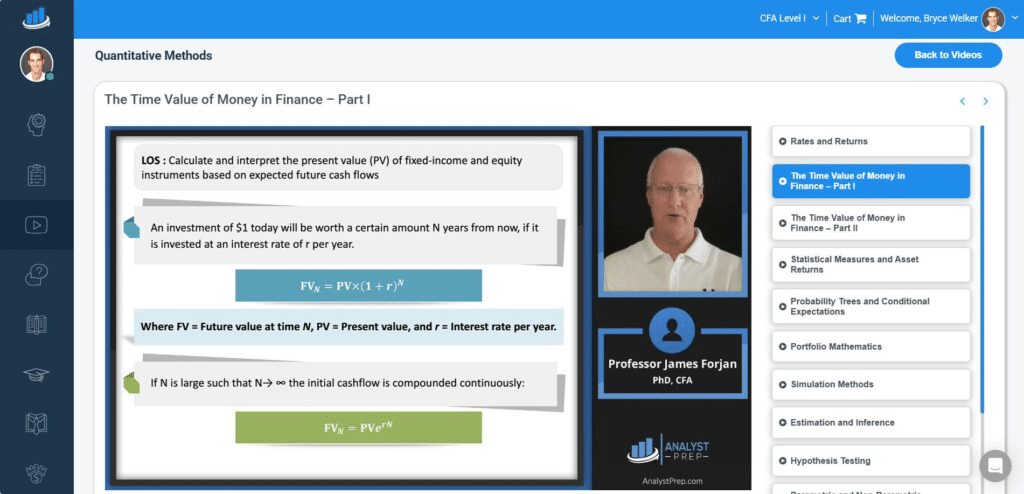 Screenshot of an online finance course video titled "The Time Value of Money in Finance – Part I," featuring slides, formulas, and instructor Professor James Forjan—ideal for those seeking the Best CFA Study Materials.