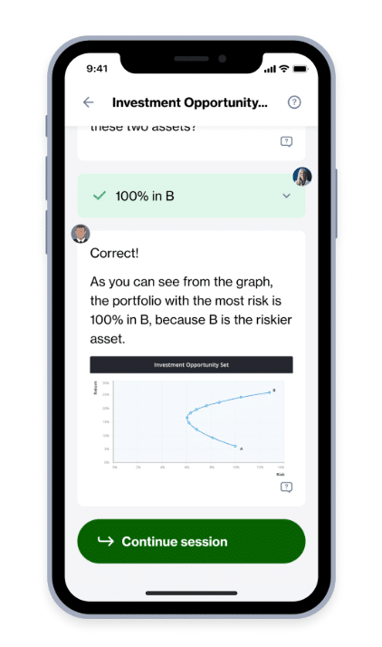 A smartphone screen displays a finance app showing a chat about investment risk, a graph comparing portfolio options, CFA exam prep tips, and a “Continue session” button at the bottom.
