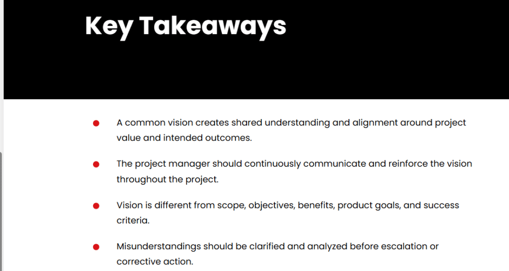 A slide titled "Key Takeaways" lists four project management insights in bullet points, highlighting vision, communication, scope, and handling misunderstandings.