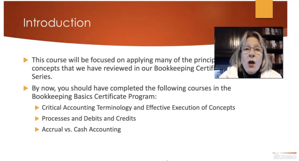 A woman is speaking on a video call next to a slide titled “Introduction,” outlining the prerequisites for one of the Best Bookkeeping Courses Online in the basics certificate program.