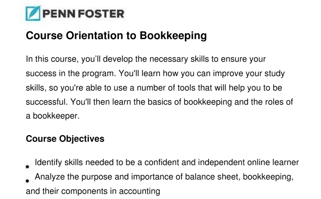 Screenshot of a Penn Foster course document titled "Course Orientation to Bookkeeping," outlining course objectives and a brief description of content, featured as part of the Best Bookkeeping Courses Online.