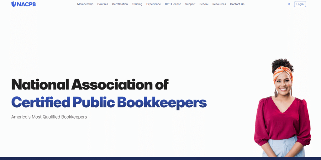 Screenshot of the NACPB website homepage featuring the text "National Association of Certified Public Bookkeepers," a smiling woman on the right, and information about some of the Best Bookkeeping Courses Online.