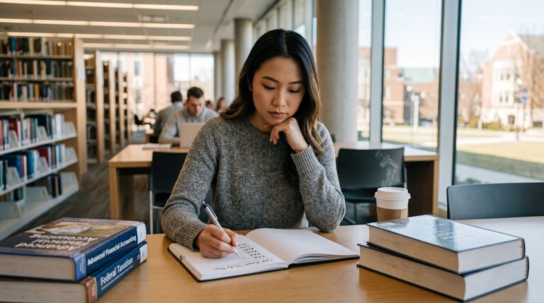 A woman in a gray sweater studies which order to take the CPA exam sections in a library.