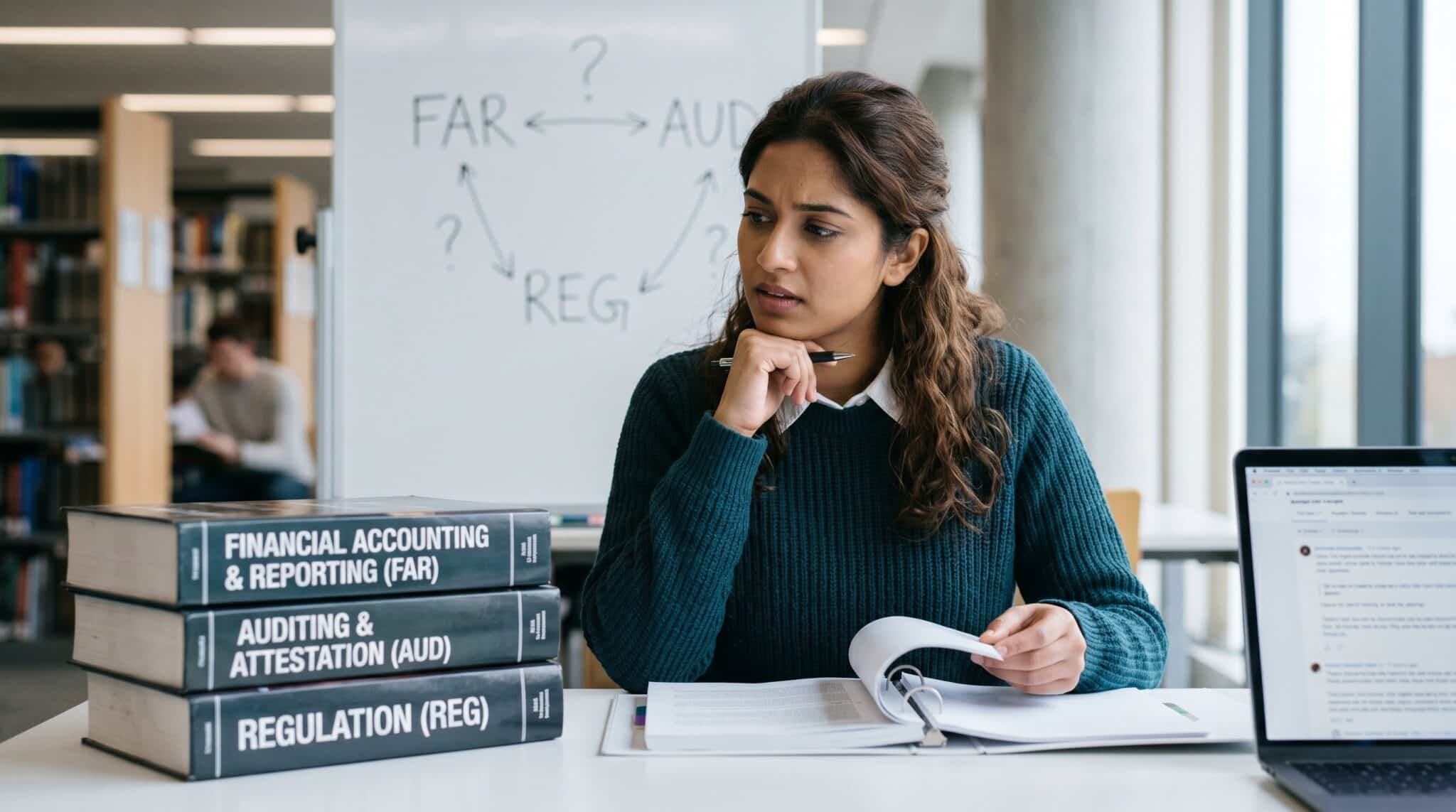 A woman with long, curly brown hair and a green sweater trying to decide which CPA exam section to take first.