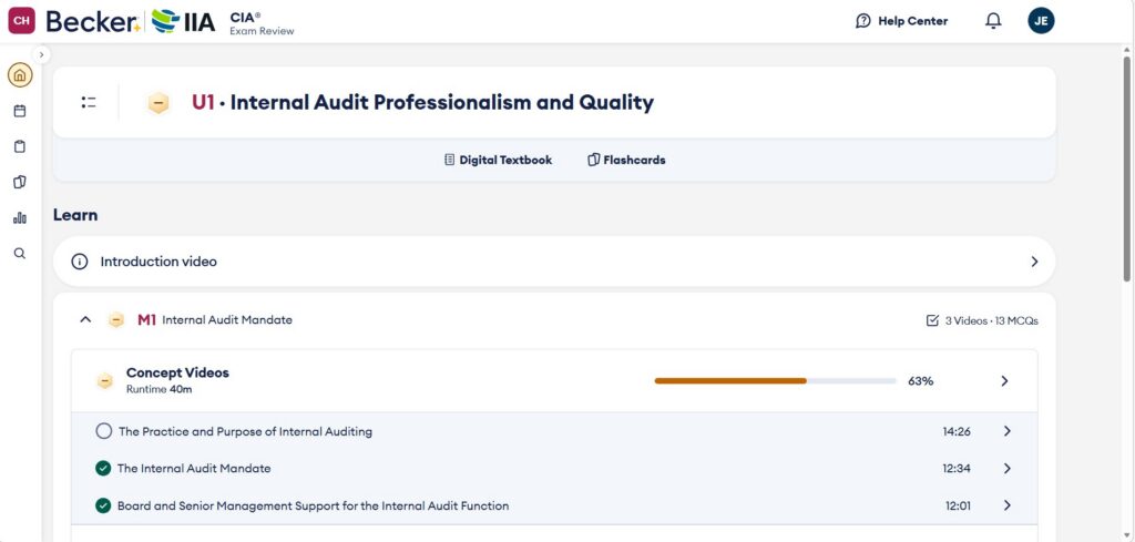 Screenshot of Becker CIA's online learning platform page for "Internal Audit Professionalism and Quality," ideal for Certified Internal Auditor candidates, showing a progress bar and a list of video modules with durations.