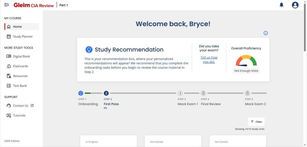 Screenshot of the Gleim CIA Review dashboard, part of the Best CIA Review Course, showing a welcome message to Bryce, a study recommendation, and progress indicators for different Certified Internal Auditor study phases.