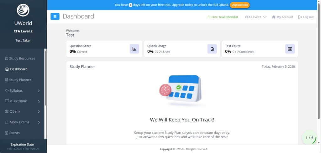 UWorld CFA Level 2 dashboard