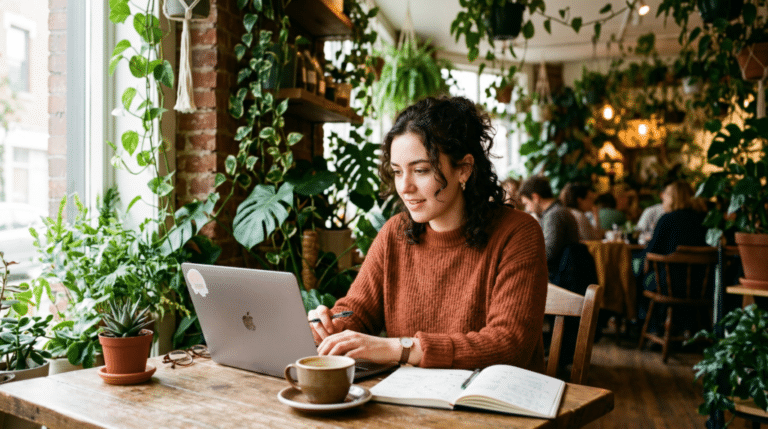 A woman works on a laptop in a plant-filled café, with a notebook, pen, and coffee cup on the wooden table in front of her.