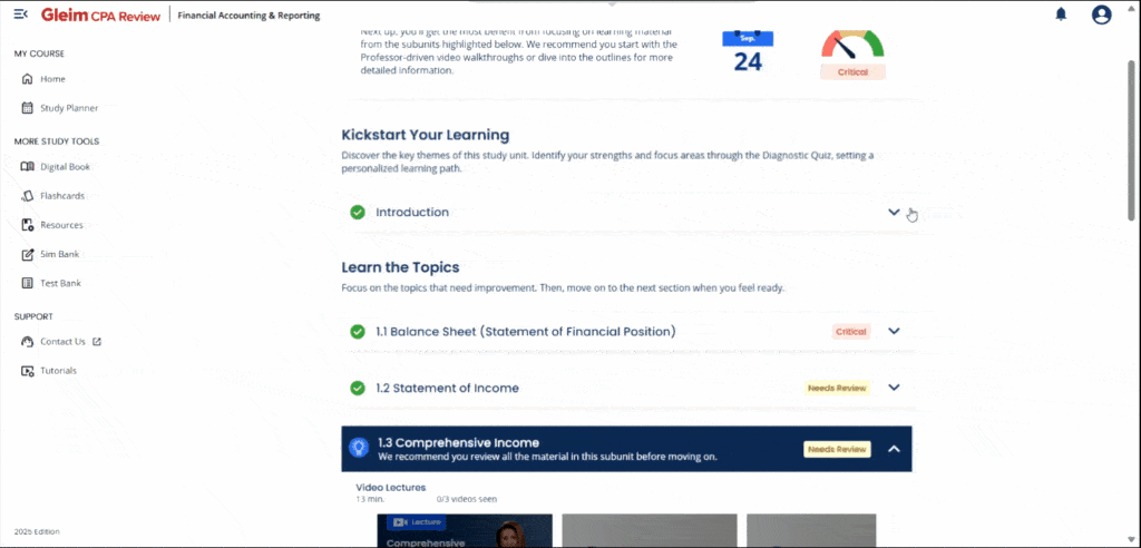 Gleim CPA course dashboard