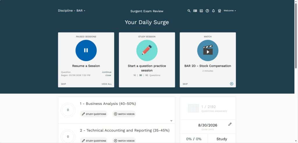 Surgent CPA adaptive study dashboard
