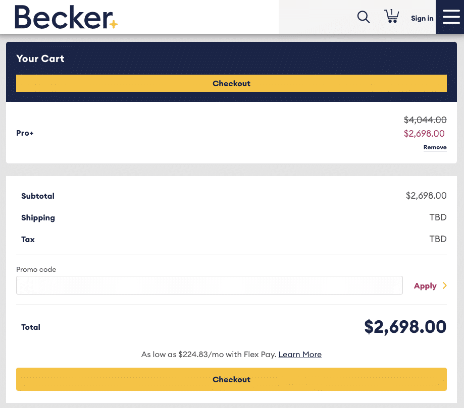 Becker cart showing a Pro+ course discounted to $2,698 with the promo code field above the total